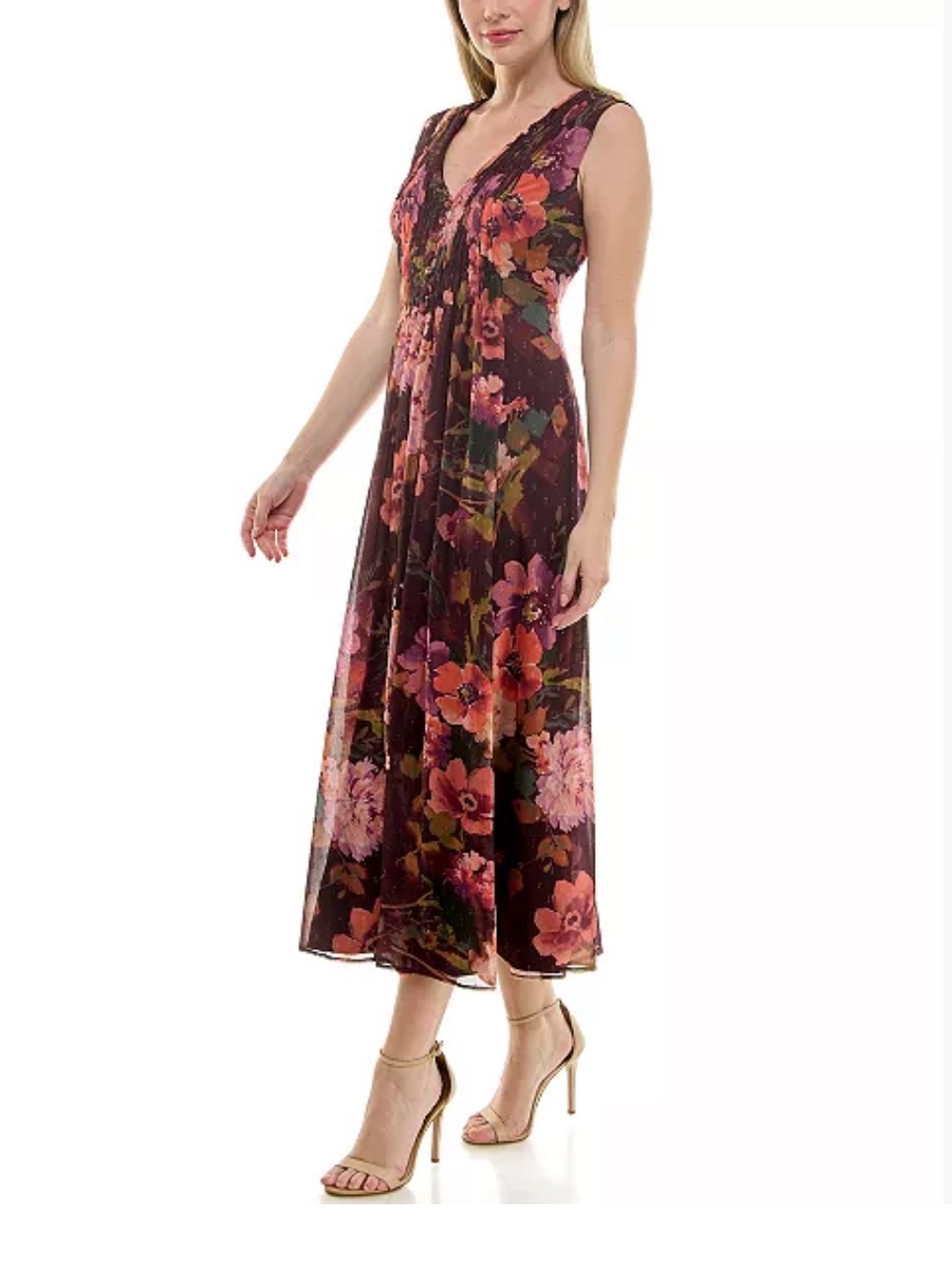 Taylor Chiffon Floral V-Neck Sleeveless Midi Dress in Burgundy/Violet Size 10 - Picture 2 of 9